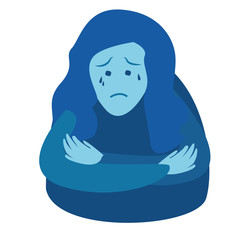 Depressed girl crying. Crying emotions of a woman. Disappointment, sorrow, sobbing girl. Tears run down my face. Human character. Bad state of health, сartoon design.  Blue 