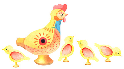 Wooden toy chicken with chicks in watercolor
