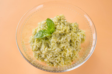 Rice with basil pesto sauce