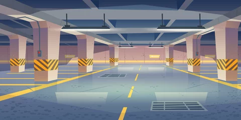 Schilderijen op glas Underground car parking. Vector cartoon interior of empty basement garage with columns, road marking lots for automobiles and guiding arrows on wall. Car parking in mall or city house © klyaksun