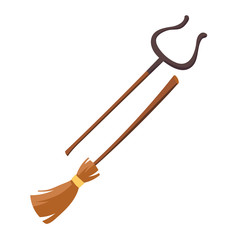 Broom and grip for pots with wooden stick. Vector cartoon household tools for cleaning and cooking, vintage rural equipment for housework isolated on white background