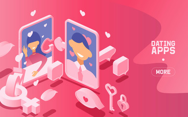 Vector illustration of dating application website template, smiling man and woman profiles surrounded love signs.