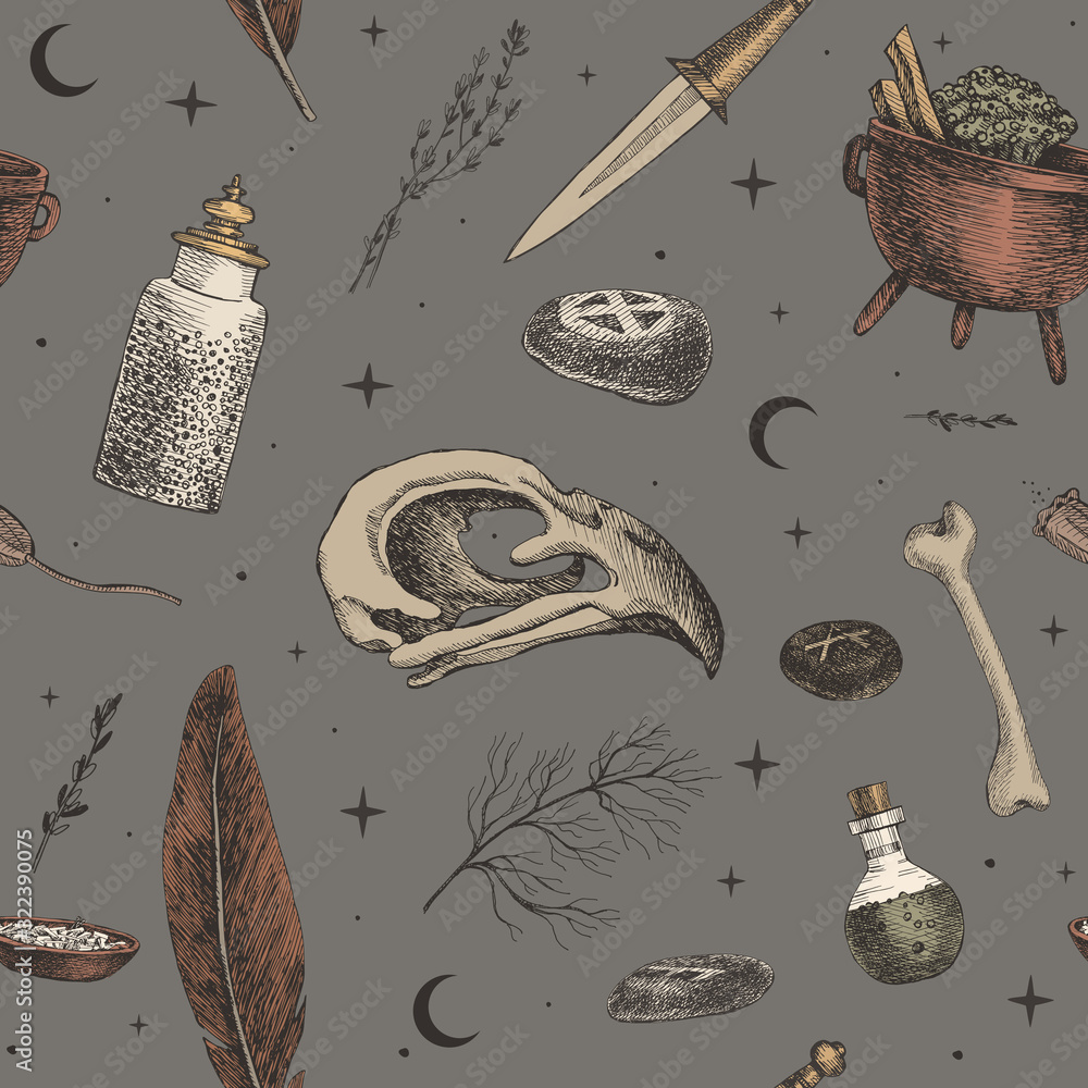Poster Seamless pattern with magic background for witches and wizards. Mystical objects for witchcraft vector illustration. Skull of bird, banks with potion, feather, runes on stone. Wicca, pagan traditions.