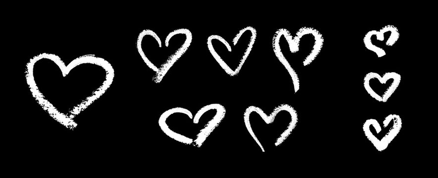 Chalk hearts set icon for decoration design. White Hand drawing Love shape. Holiday element collection. Valentine day. Romantic wedding greeting card print. Isolated on blackboard. Doodle style