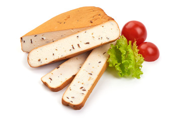 Traditional smoked goat cheese, isolated on white background