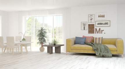 Modern living room in white color with sofa and dinner area. Scandinavian interior design. 3D illustration