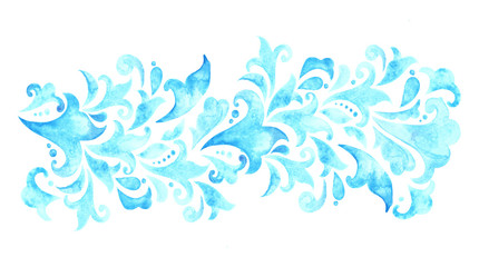 Fototapeta na wymiar Watercolor blue ornament border from the natural elements in the ethnic style