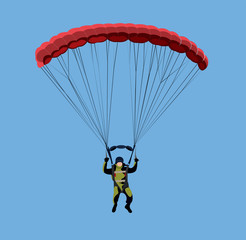 Parachutist in flight against the sky vector isolated  silhouette illustration, airdrop soldier man in air jump, skydiver, military air desant - obrazy, fototapety, plakaty