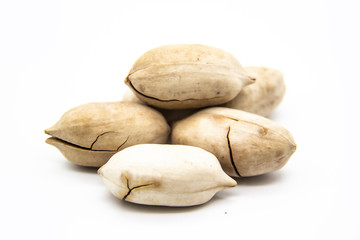 pecans nuts against white background. Pecan nuts kernels  on white background. Pile of pecans closeup. Tasty nuts collection