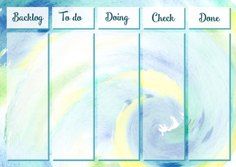 SCRUM with the inscription Backlog To do Doing Check Done watercolor stains, blue green © Anna
