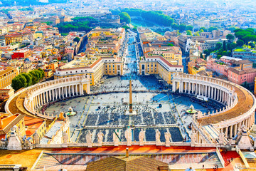Fototapeta na wymiar Famous Saint Peter's Square in Vatican and aerial view of the Rome city during sunny day.