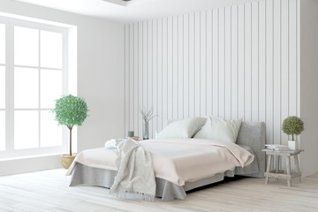 Fototapeta na wymiar Stylish bedroom in white color. Scandinavian interior design. 3D illustration