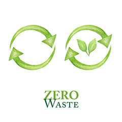 Green Recycled cycle arrows icon and green leaves set. Watercolor hand drawn illustration isolated on white background. Recycled eco zero waste lifestyle Ecological design Recycle Reuse Reduce concept
