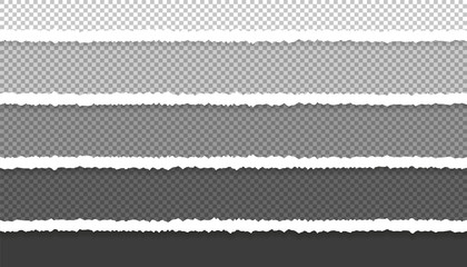 Ripped squared horizontal paper strips for your text or message. Four torn paper edge with different transparent style. Torn paper stripes top to bottom. Vector