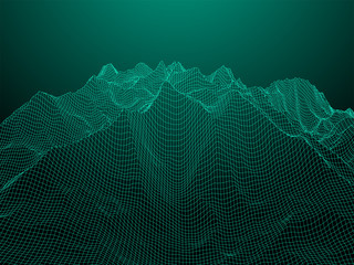 Vector wireframe 3d landscape. Technology grid illustration. Network of connected dots and lines. Futuristic background.