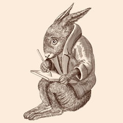 A fabulous animal hare in a jacket sits and writes on a tablet. © migfoto