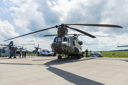 BERLIN, GERMANY - JUNE 02, 2016: The twin-engine, tandem rotor heavy-lift helicopter Boeing CH-47 Chinook. US Army. Exhibition ILA Berlin Air Show 2016