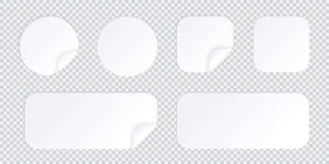 Round and square sticker with bent corner, white patches template isolated with shadow, sticky price tag or promo label with flipped folded corner vector illustration.