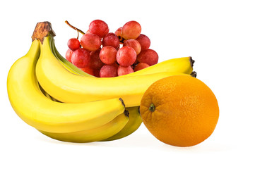 composition of orange, bunch of bananas and red grapes isolated on a white background. Healthy eating concept