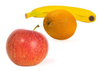 composition of red apple, orange and banana isolated on a white background. Healthy eating concept