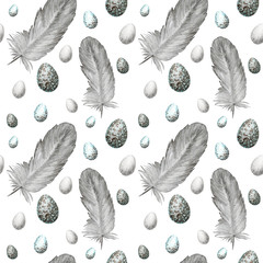 Cotton fabric Seamless pattern Watercolor hand drawn happy Easter eggs, bird gray feather. Illustration fabric texture Design concept on a white background. Chickens egg.
