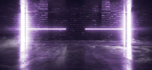 Smoke Neon Glowing Purple Pantone Sci Fi Basement Retro Club Dance Brick Walls Modern Night Dark Stage Podium Futuristic Garage 3D Rendering