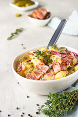 Traditional German potato salad with cucumber, onion and bacon prepared in Swabian-Style (Southern Germany). Kartoffelsalat.