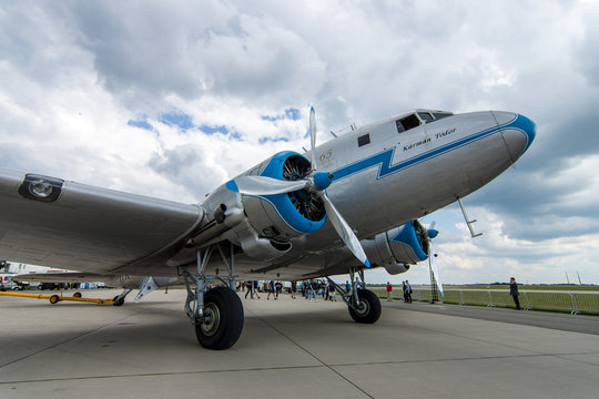 BERLIN, GERMANY - JUNE 02, 2016: Soviet aircraft Lisunov Li-2, Hungarian airline "Malev". Exhibition ILA Berlin Air Show 2016