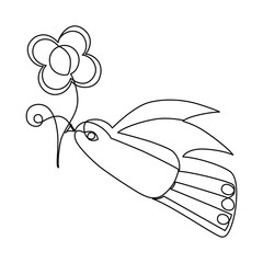 Black outline drawing. Logo with flying bird. Pigeon bird holds flower in its beak. Linear outline for poster, banner, flyer. One line illustration. Vector. Concept of arrival of spring, hope, March 8