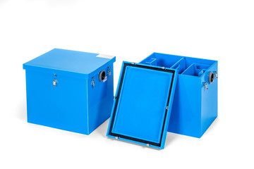 Box with blue fat trap system on white background.