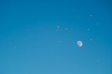 White moon against the blue sky. Full moon in the afternoon. Satellite of the planet earth. Blue skies on a frosty winter day.