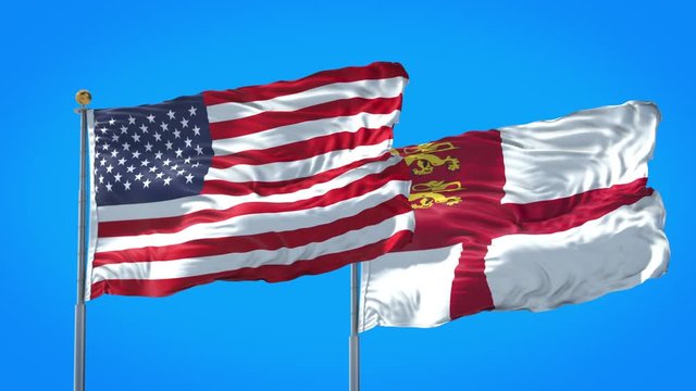 Sark and United States flag waving in deep blue sky together. High Definition 3D Render.