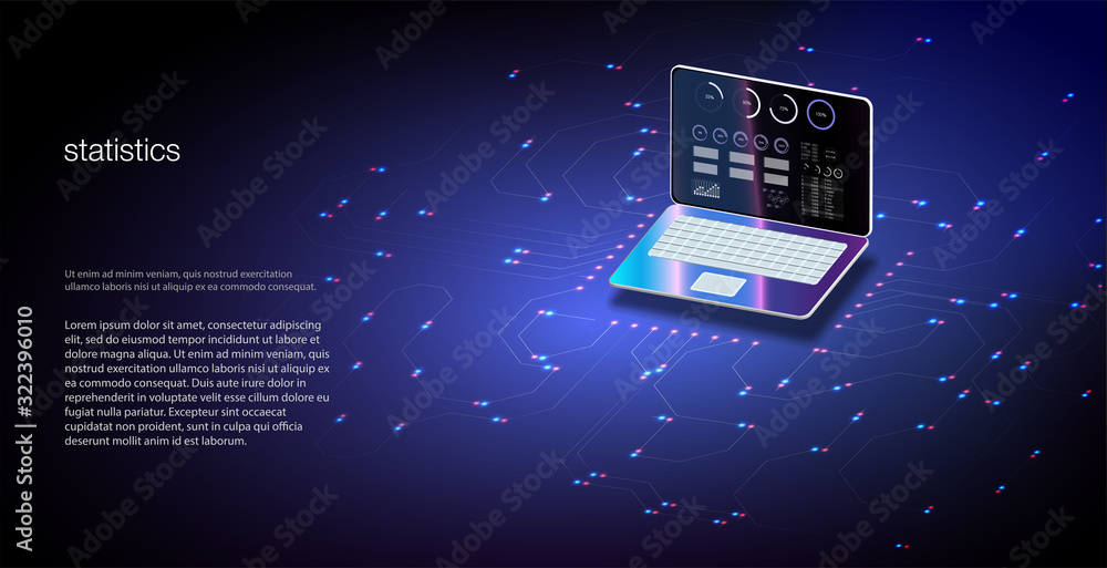 Aufkleber analytics data on isometric laptop. online statistics and data analytics. digital market, investment