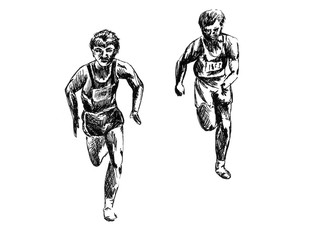 Two runner athletes are running, one ahead of the other. The drawing is drawn with a black pen and marker. Isolated on white background.