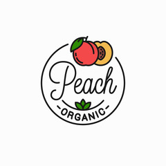 Peach fruit logo. Linear of peach slice background