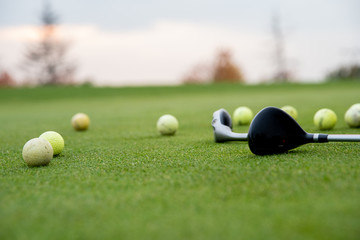 golf balls and sticks on green golf course