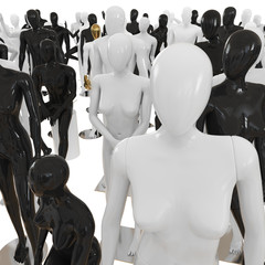 Obraz premium Female figure on the background of different mannequins. 3D rendering