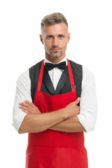 Cooking with love. Homemade is best. Mature cook with bristle crossed arms on chest. Cook food at home. Man mature cook posing cooking apron. Fine recipe. Chief cook and professional culinary