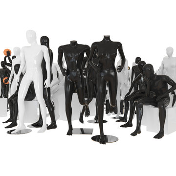 Male and female mannequin without a head in a running pose against the background of others in different poses. 3D rendering