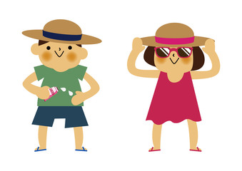 日焼け止めを塗る男の子と女の子。 夏のイラストレーション。