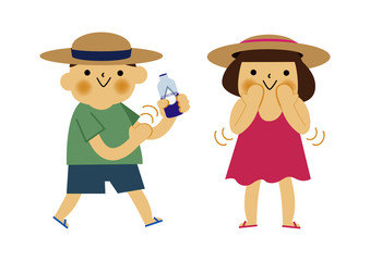  日焼け止めを塗る男の子と女の子。 夏のイラストレーション。