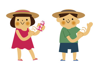  日焼け止めを塗る男の子と女の子。 夏のイラストレーション。
