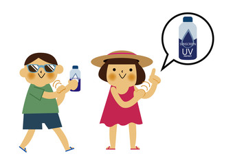  日焼け止めを塗る男の子と女の子。 夏のイラストレーション。