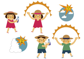  日焼け止めを塗る男の子と女の子。 夏のイラストレーション。