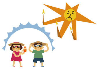  日焼け止めを塗る男の子と女の子。 夏のイラストレーション。