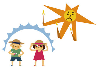  日焼け止めを塗る男の子と女の子。 夏のイラストレーション。
