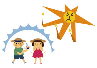  日焼け止めを塗る男の子と女の子。 夏のイラストレーション。