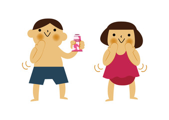  日焼け止めを塗る男の子と女の子。 夏のイラストレーション。