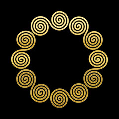 Double spiral frame, golden celtic meander circle. Interlocked combined spirals forming a geometric ancient motif, constructed from repeated lines. Vector on black background.