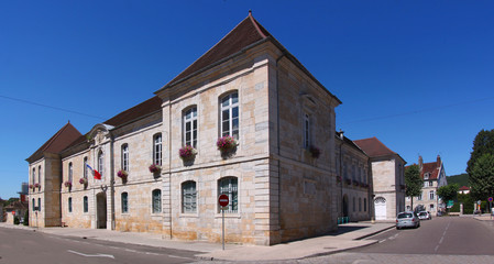 Classical facade of the old town hall in Lons-le-Saunier city, Jura in France